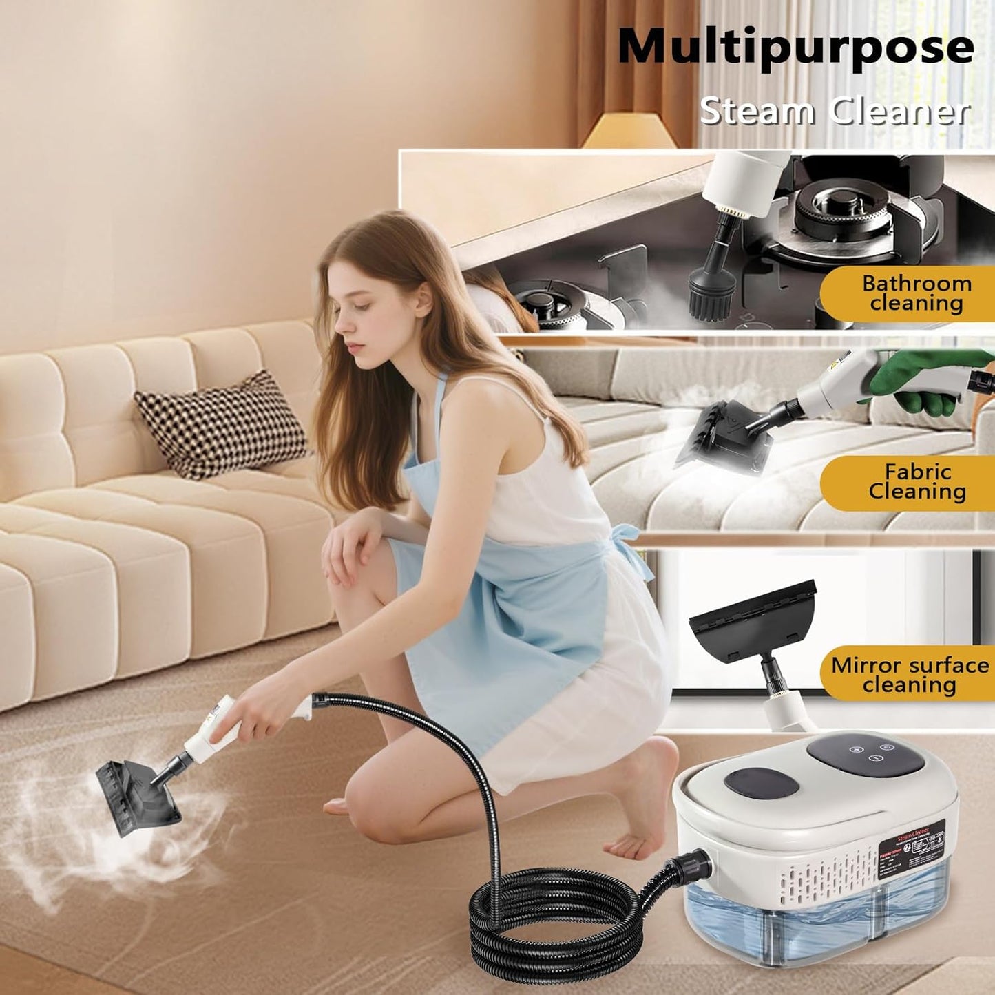 Handheld Steam Cleaner, 1000ml Water Tank, 15S Heat-up Time, Multipurpose Steamer for Home Use, Pressurized Steamer for Cleaning Floor, Upholstery, Grout and Car White