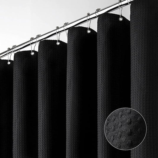Dynamene Extra Long Fabric Shower Curtain - Waffle Weave 84 Inches Long Heavy Duty Cloth Shower Curtains for Bathroom, 256GSM Large Hotel Luxury Bath Curtain Set with 12 Plastic Hook, 72Wx84H, Black