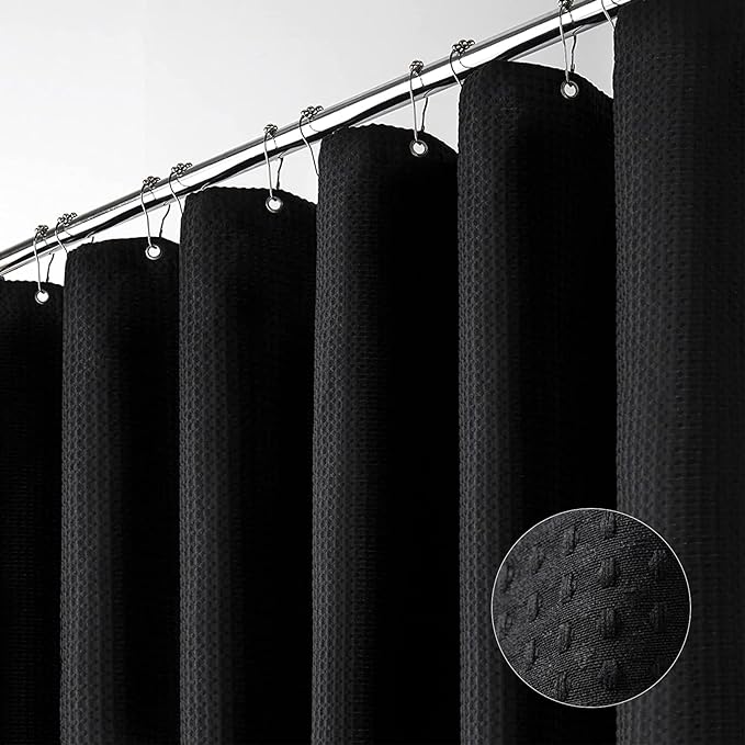 Dynamene Long Black Fabric Shower Curtain - Waffle Textured Tall Heavy Duty Cloth Shower Curtains for Bathroom, 256GSM Large Hotel Spa Luxury Bath Curtain Set with 12 Plastic Hooks(72Wx78H, Black)