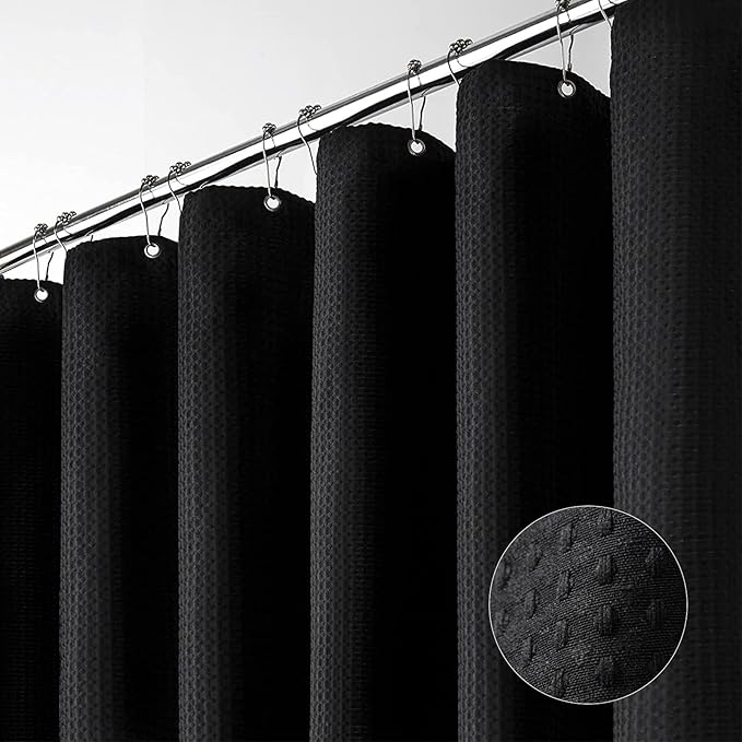 Dynamene Extra Long Shower Curtain,96 Inch Long Waffle Weave Heavy Duty Thick Cloth Bathroom Shower Curtain, Neutral Weighted Hotel Bath Curtain Set with 12 Plastic Hooks,72x96,Black