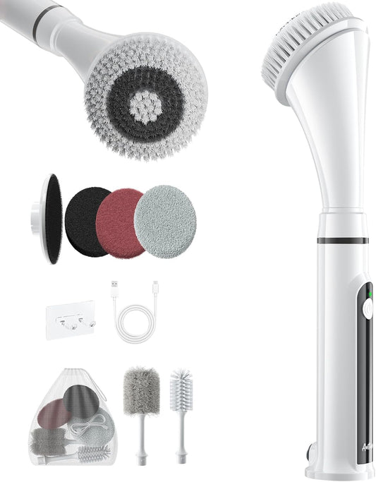 Electric Spin Scrubber Brush - Rechargeable Cordless Cleaning Brush with Full-Body IPX7 Waterproof, 6 Interchangeable Heads & 2-Speed Modes for Bathroom, Kitchen, Tile