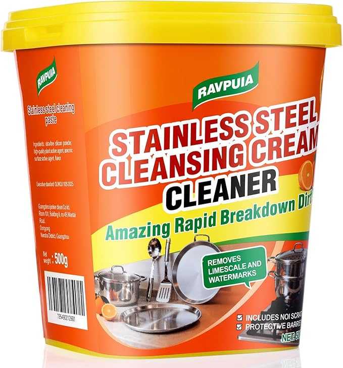 STAINLESS STEEL CLEANER & POLISH - Heavy Duty Cleaning Paste for Stove, Oven, Pans, Cookware, Sink | All Purpose Multi-Purpose Household Cleaner | Removes Grease & Stains | with 2 Sponges (500g)