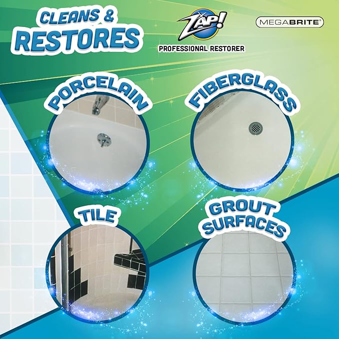 ZAP! Professional Tile & Grout Restorer | Cleans & Restores Porcelain, Fiberglass, Tile, & Grout Surfaces | Rust & Hard Water Remover | Kitchens & Bathroom Porcelain Sinks, Toilets, & Tubs