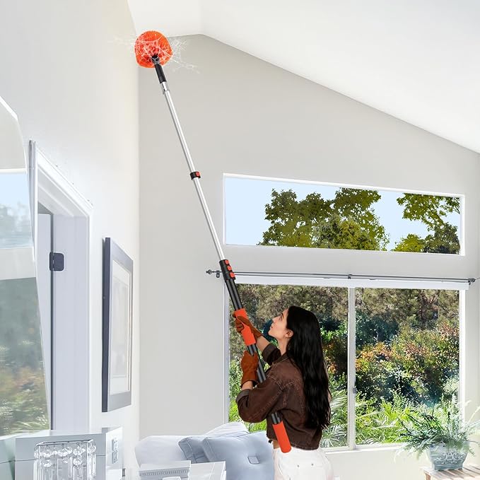 20FT Cobweb Duster with Extension Pole - High Reach Duster for High Ceilings & Outdoor Use - Telescoping Pole 3-12 Ft, Soft Bristles Cobweb Cleaner - 3/4" Acme Universal Thread
