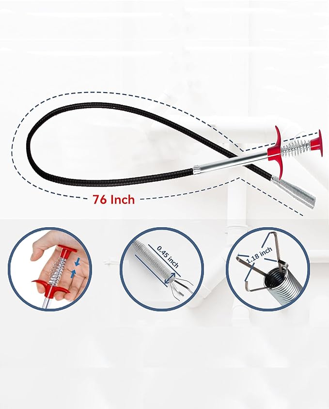 Drain Snake,76 inch Drain Clog Remover - Flexible Grabber Claw Pick Up Reacher Tool for Home Sink, Bathroom Tub,Drain, Toilet, Tight Spaces
