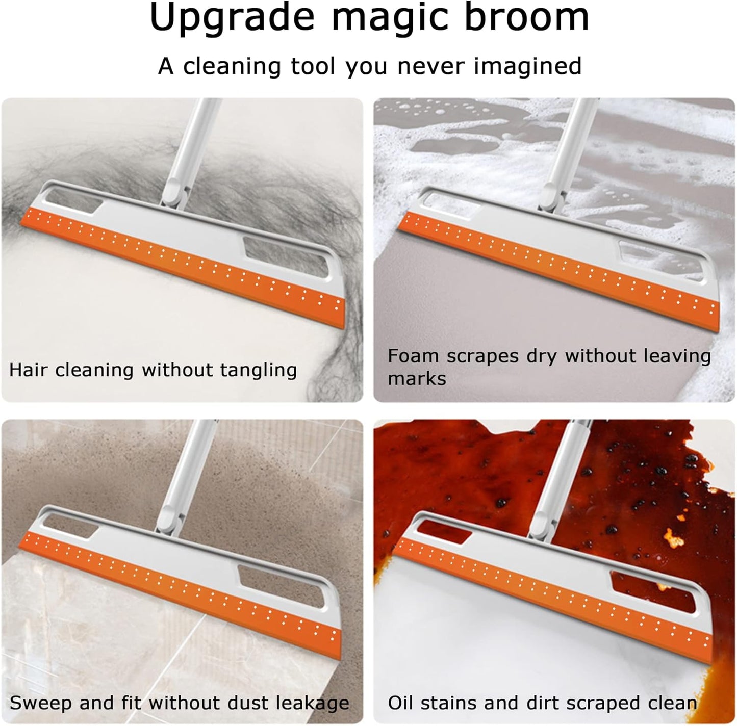 Multifunction Magic Broom, Silicone Floor Squeegee, Air Broom, Rubber Squeegee with 56" Long Handle, Floor Scraping Sweeper Wiper for Bathroom Shower Kitchen Pet Hair Fur Marble Tile Glass (Orange)