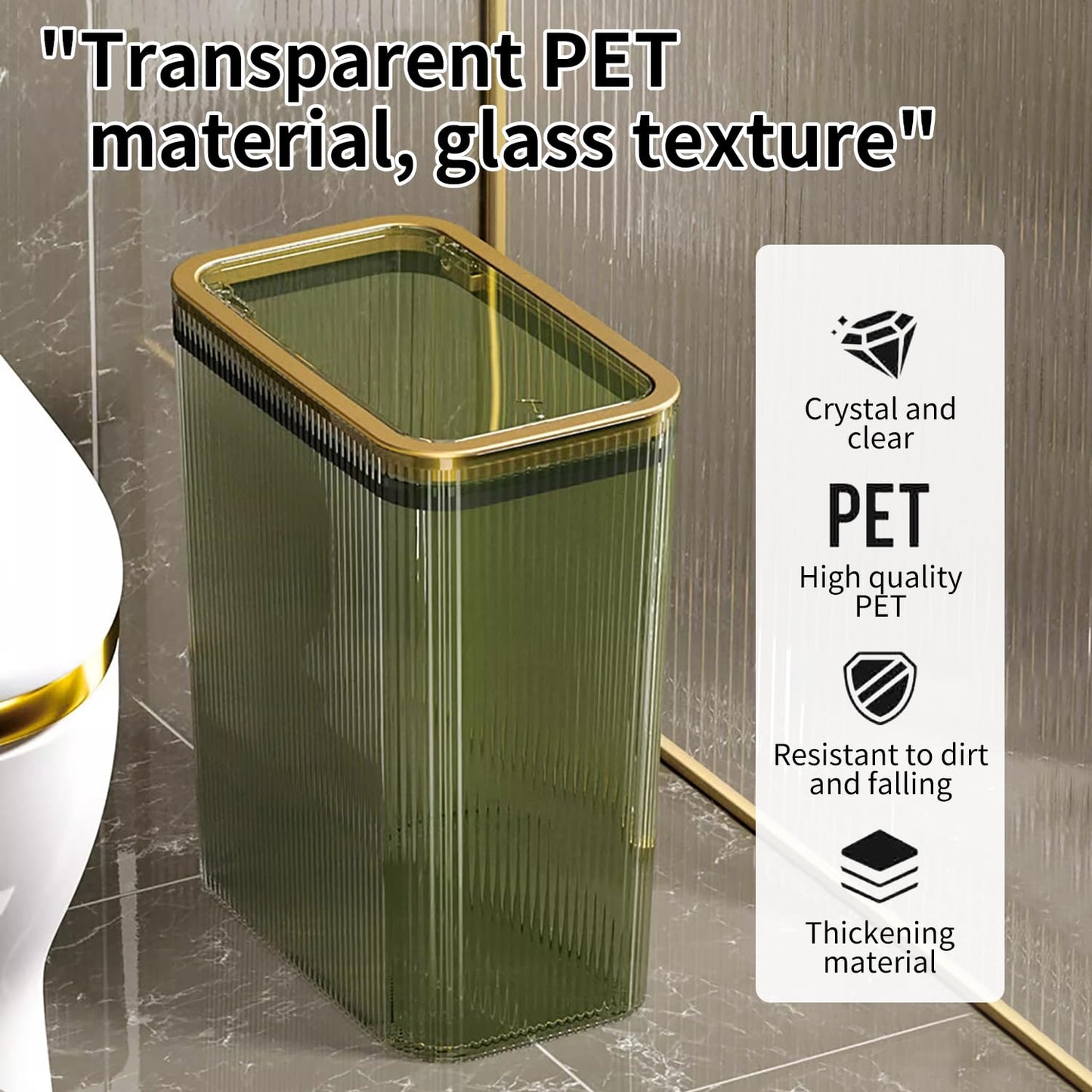 Transparent Trash Can, Bathroom Trash Cans with Lids, 2.6 Gallon Garbage Can for Bedroom, Office, Plastic Slim Waste Basket with Press Top Lid, 10L Clear Trash Bin for Home, Kitchen (Green)