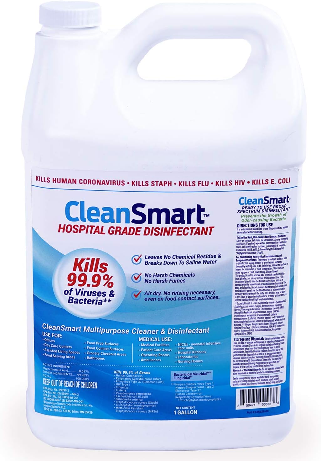 CleanSmart Hospital Grade Disinfectant, Kills 99.9% of Viruses and Bacteria, Hypochlorous Acid Technology, EPA Registered, 4 Gallons (HOCL)