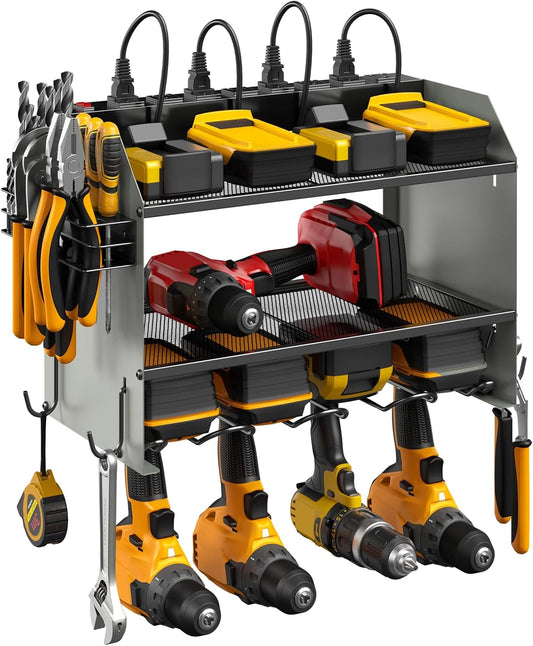 CCCEI Modular Power Tool Organizer Wall Mount with Charging Station. Garage 4 Drill Storage Shelf with Hooks, Drill Bit Heavy Duty Rack, Grey Tool Battery Holder Built in 8 Outlet Power Strip.