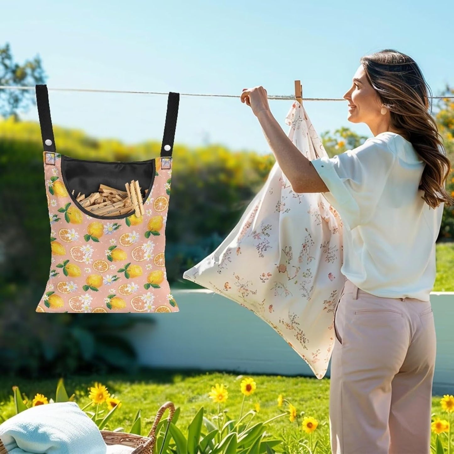 Lemon Print Clothespin Holder with Hanger Hook - Space-Saving Indoor and Outdoor Clothespin Organizer