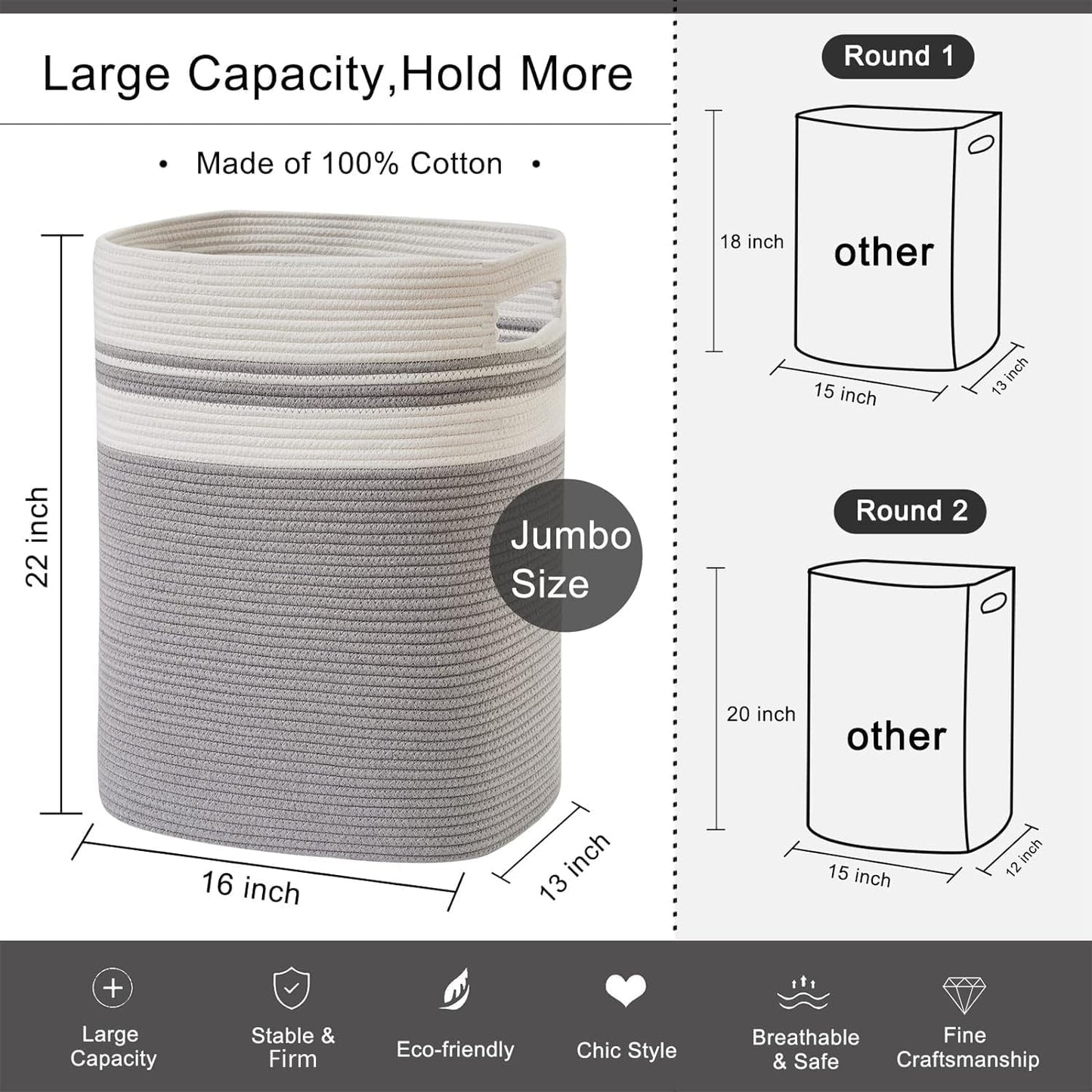 OIAHOMY Laundry Hamper, Tall Cotton Decorative Blanket Storage Basket with Handles for Living room,Collapsible Large Baskets for Toys,Pillows,Clothes Organizer-16x13x22in-Gray
