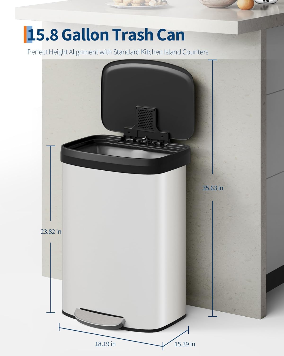 16 Gallon (60 l) Trash Can, Stainless Steel Kitchen Garbage Can, Recycling or Waste Bin with Liner Rim, Rear Handle, Soft Close Plastic Lid Step-on Pedal, Removable Inner Bucket