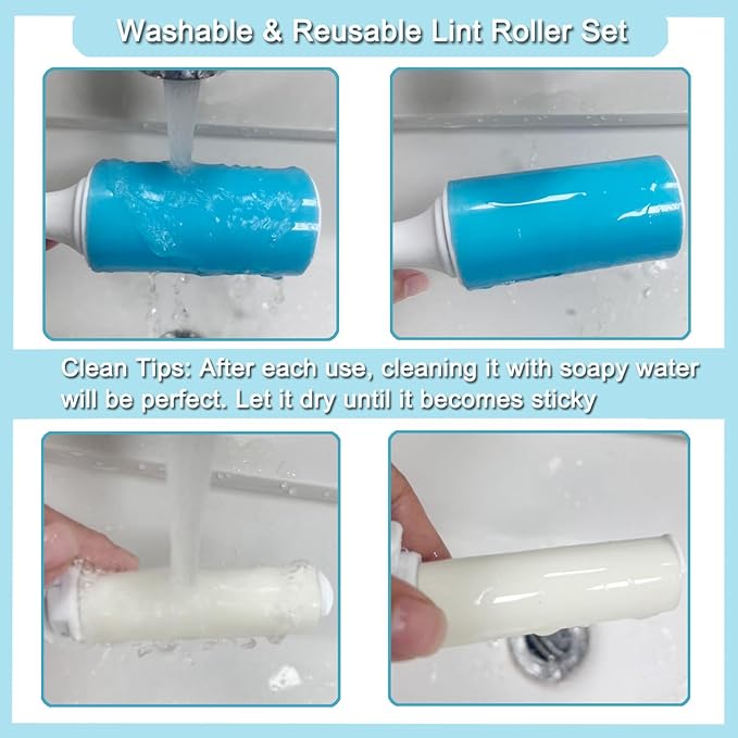 Reusable Washable Lint Roller 3 Pack, Sticky Gel Lint Rollers, Cat Dog Pet Hair Lint Remver Cleaner for Clothes, Carpet, Travel, 1 Large Roller with Dust Cover and 2 Mini, Portable Small Lint Brush