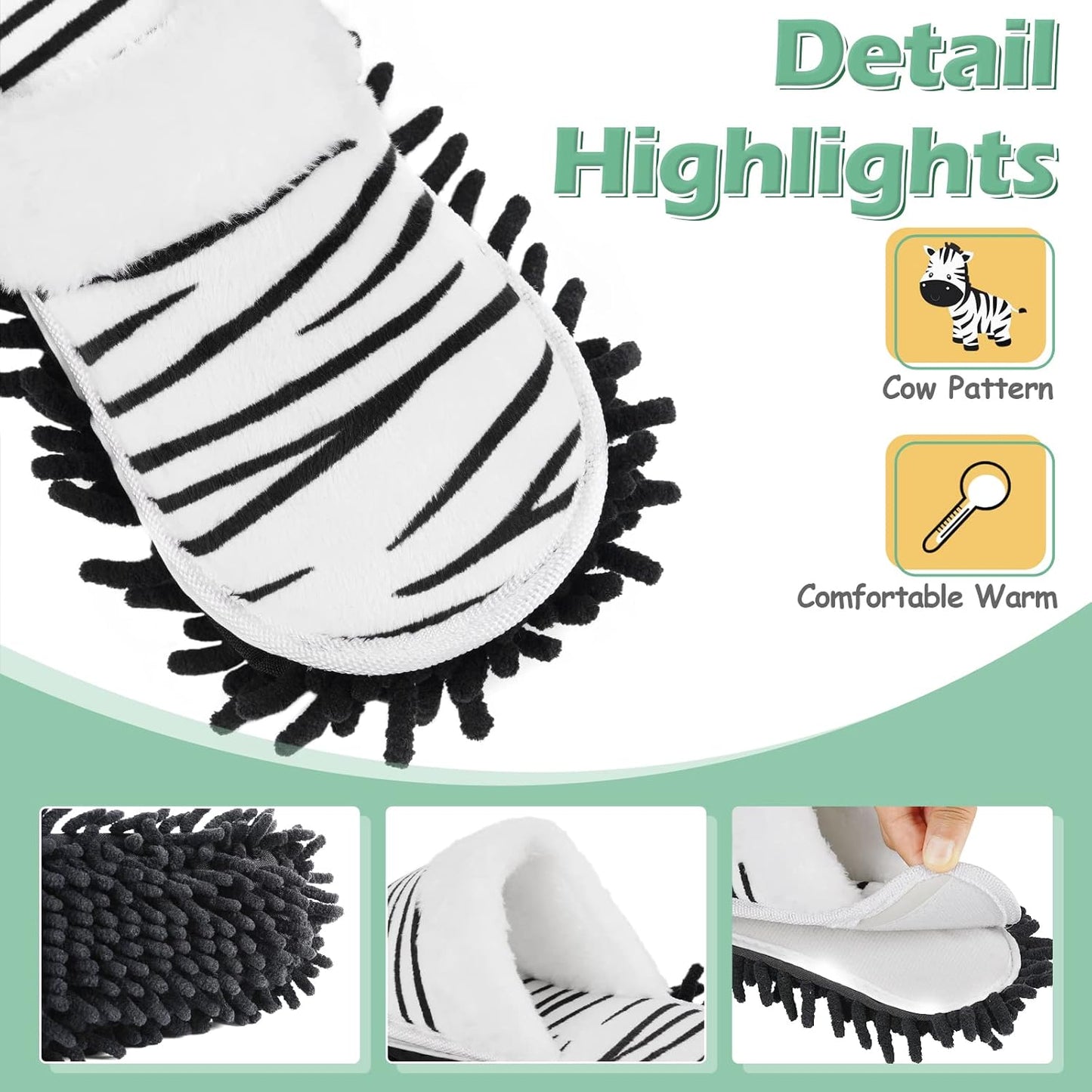 Microfiber Floor Mop Slippers House Dust Cleaning Tool Detachable Washable Shoes for Kitchen House Cleaning (Women 7-10/Men 5-8, Zebra pattern)