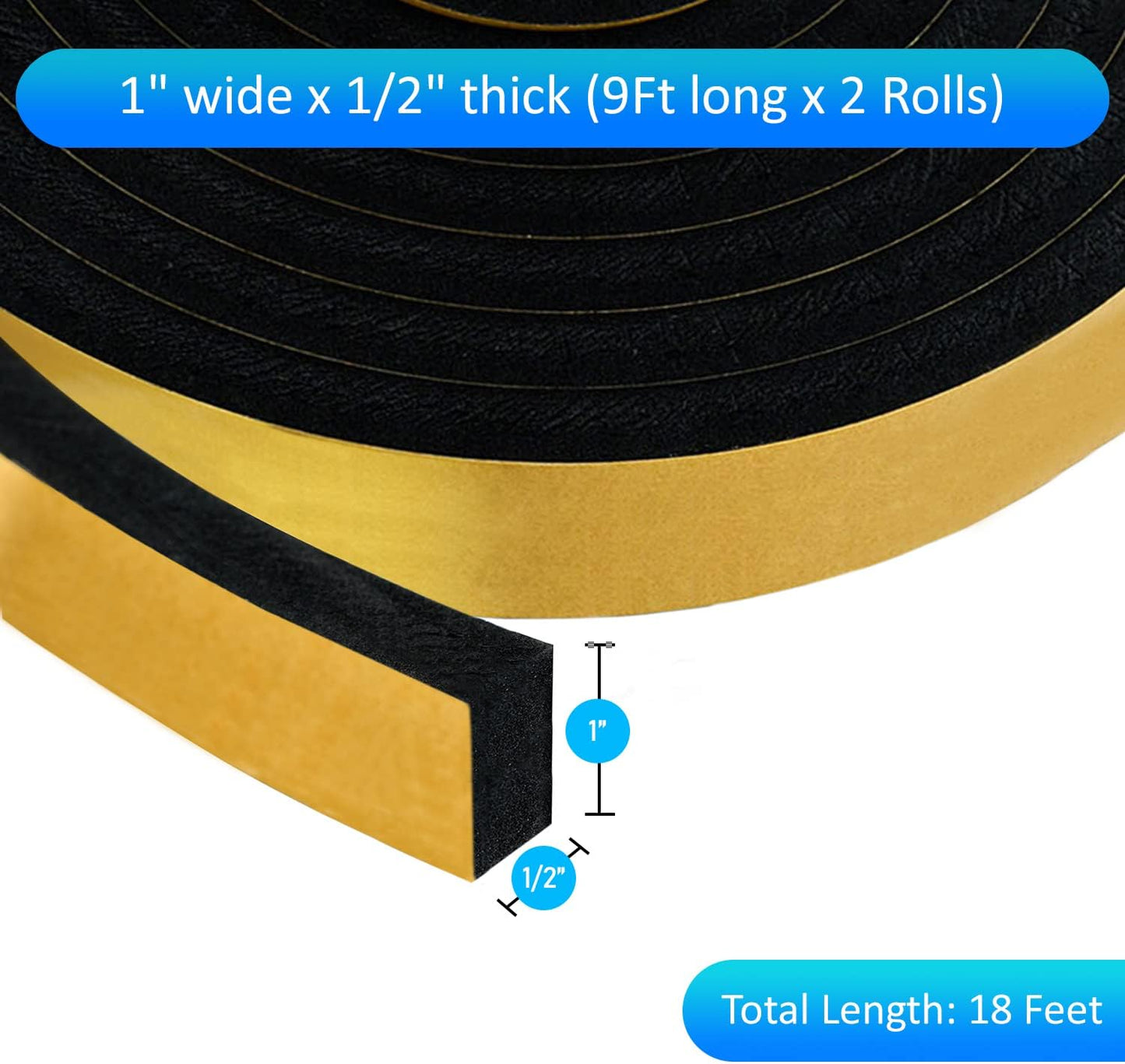 High Density Foam Weather Stripping Door Seal Strip Insulation Tape Roll for Insulating Door Frame, Window, Air Conditioner | Self Adhesive Sealing Weatherstrip (Black, 1 in x 1/2 in x 18 Ft)