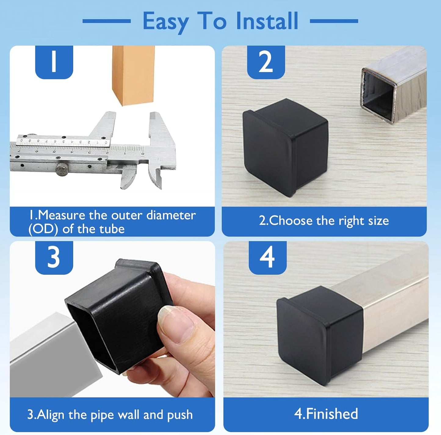 32 Pcs 5/8" x 5/8" Square Rubber Chair Leg Caps, PVC Table Leg Covers, Flexible & Anti-Slip Furniture Leg End Caps, Chair Leg Floor Protectors for Bar Stool Leg Patio Indoor, Black