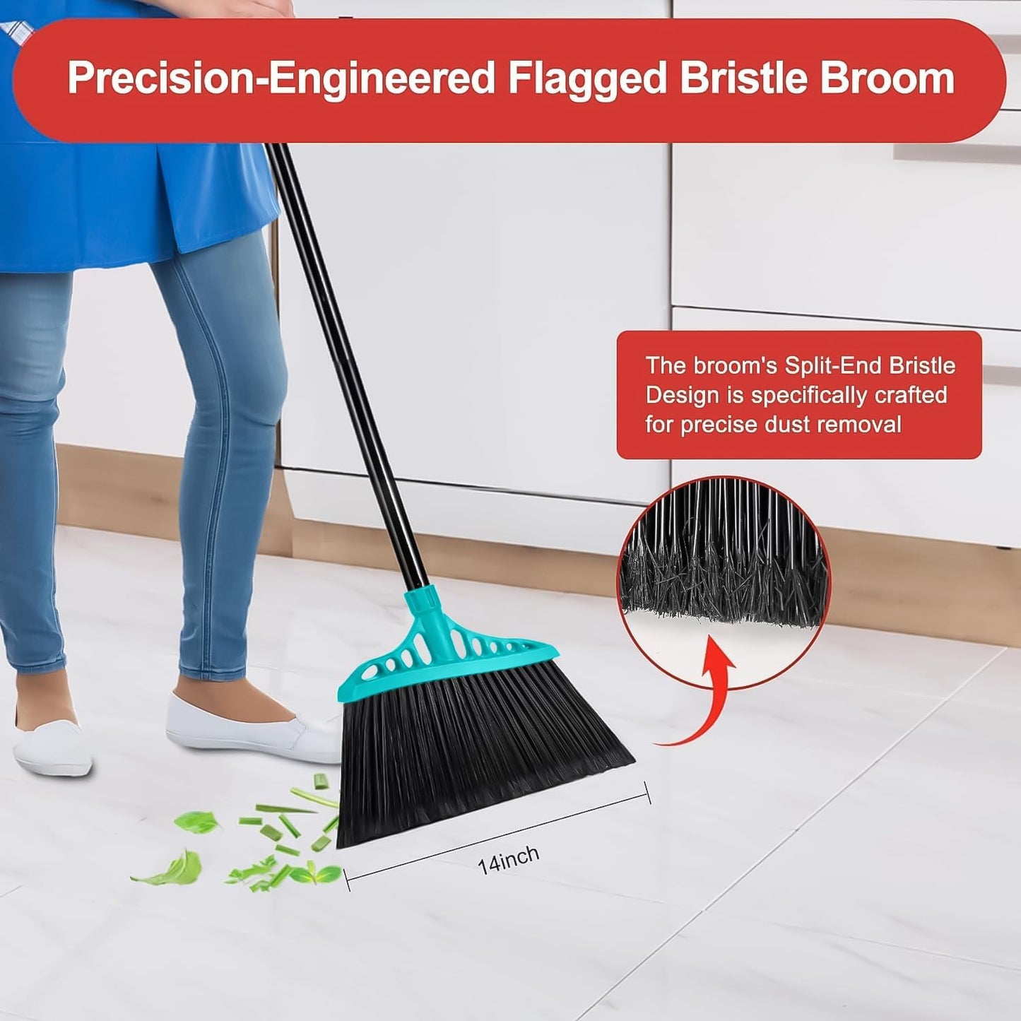 Outdoor Broom for Floor Cleaning, Heavy Duty Brooms with 55" Long Handle, Angle Brooms for Concrete Courtyard Home Patio Kitchen Shop Lobby Patio Lawn - Blue
