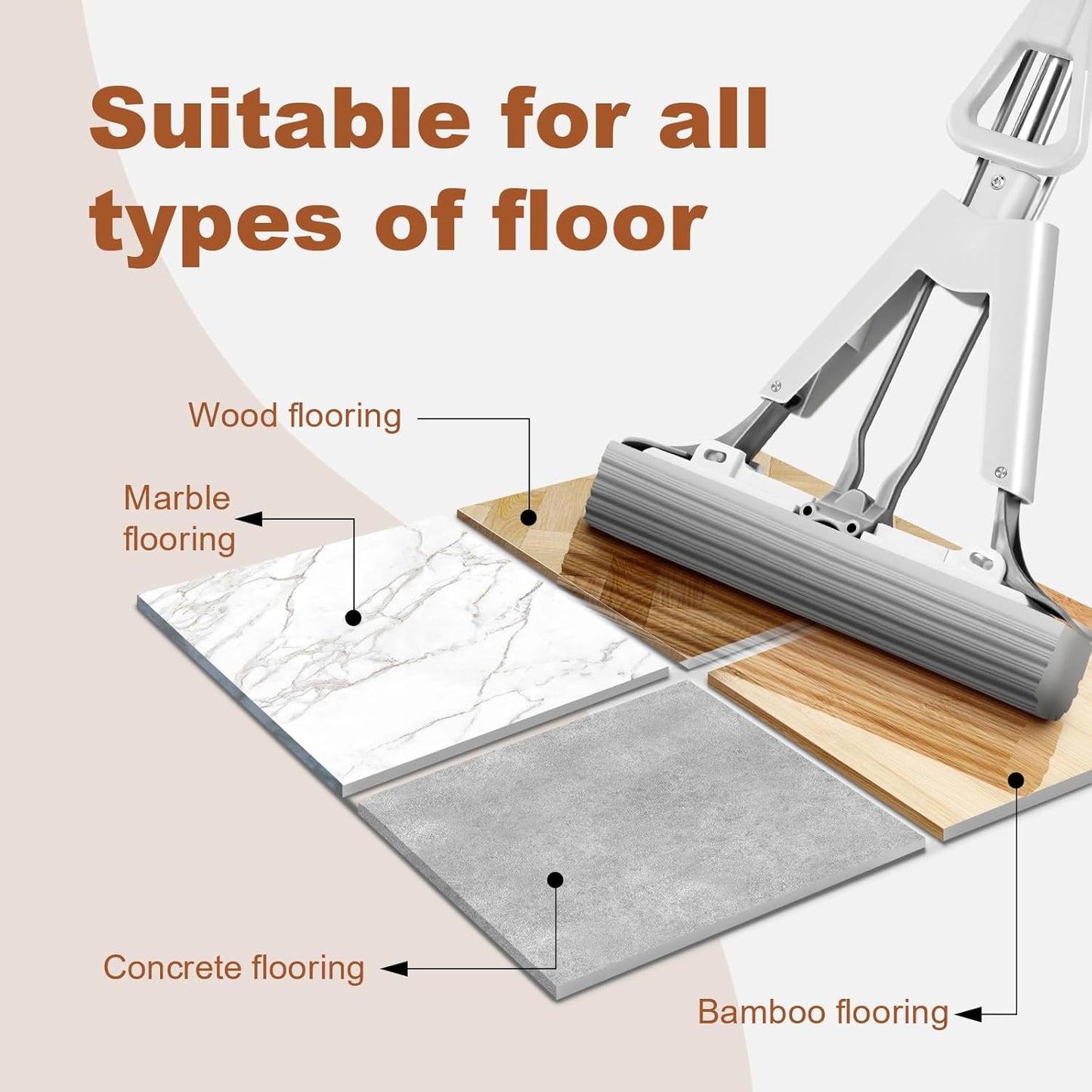 Sponge Mop for Kitchen Bathroom Garage Floor Cleaning Telescope Handle Automatic Wringing Suitable for Tile Marble Wood Floors with 1 Extra Sponge Head