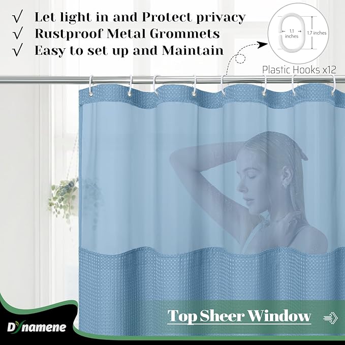 Dynamene Extra Long Shower Curtain, 84 Inch Long Waffle Fabric Shower Curtain for Bathroom, Tall Waterproof Cloth Shower Curtain Set with Hook, Snap in Liner, Mesh Top Window, Moonlight Blue, 72x84