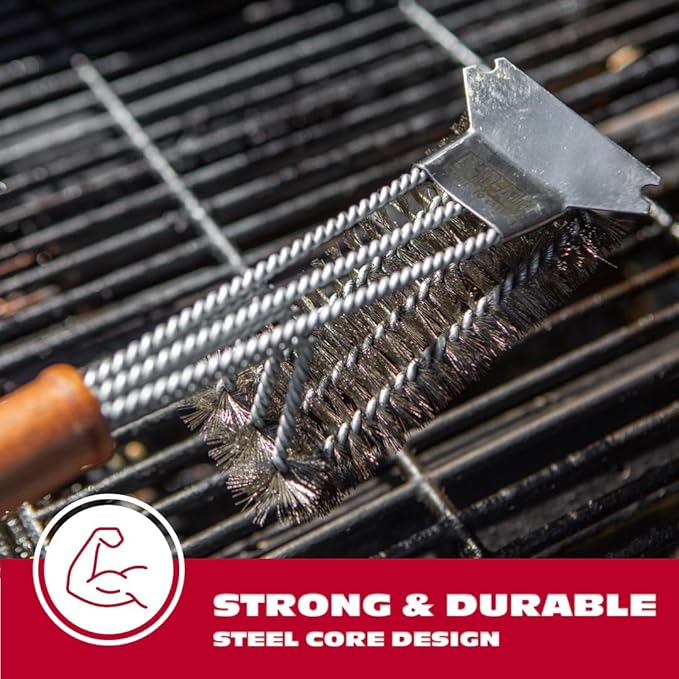BBQ-AID All Angles BBQ Grill Brush for Outdoor Grill – Cleans All Angles, Large Wooden Handle, and Stainless Steel Bristles - BBQ Brush for Grill Cleaning – Grill Cleaner Brush Safe for BBQ and Grill