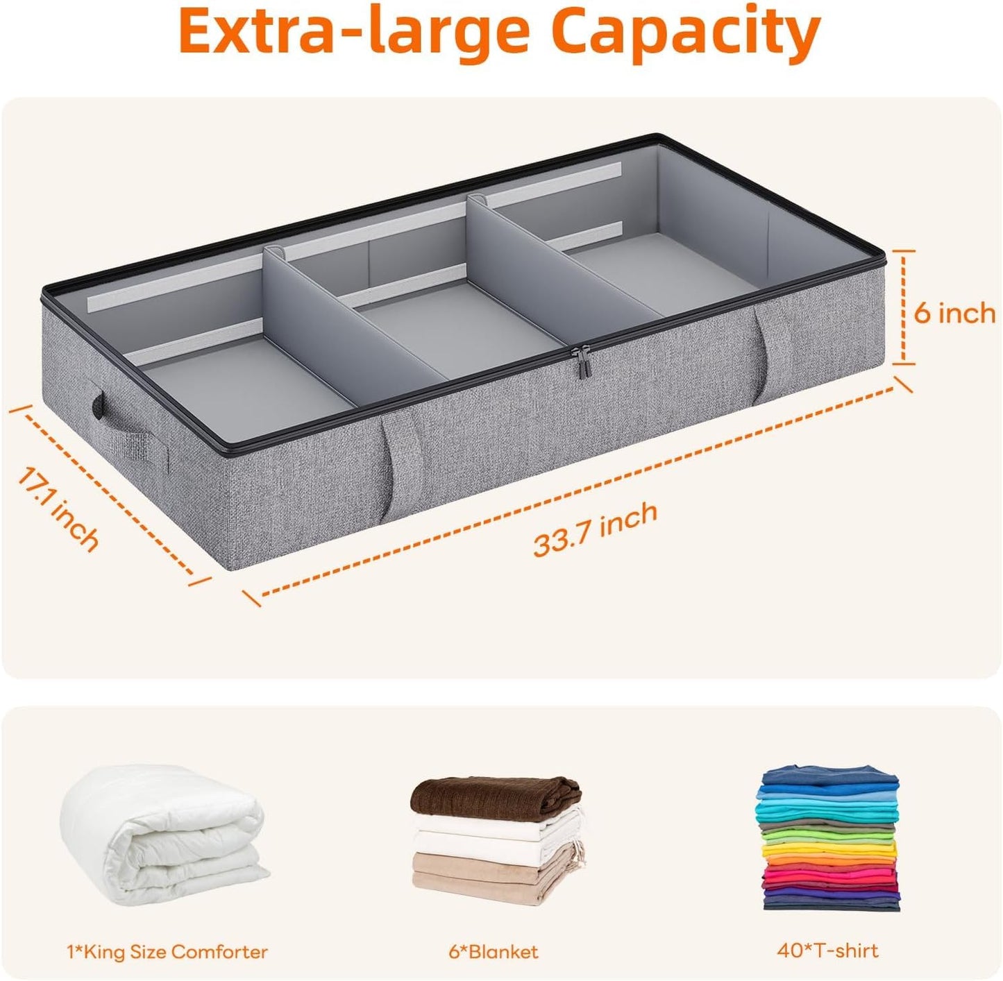 Vailando Under Bed Storage, 2 Pack Under Bed Storage Containers with Dividers, Firm Sides, Strong Zipper, 3 Reinforced Handles, 6 Inches Low Profile Underbed Storage Bins for Clothes, Blankets, Grey