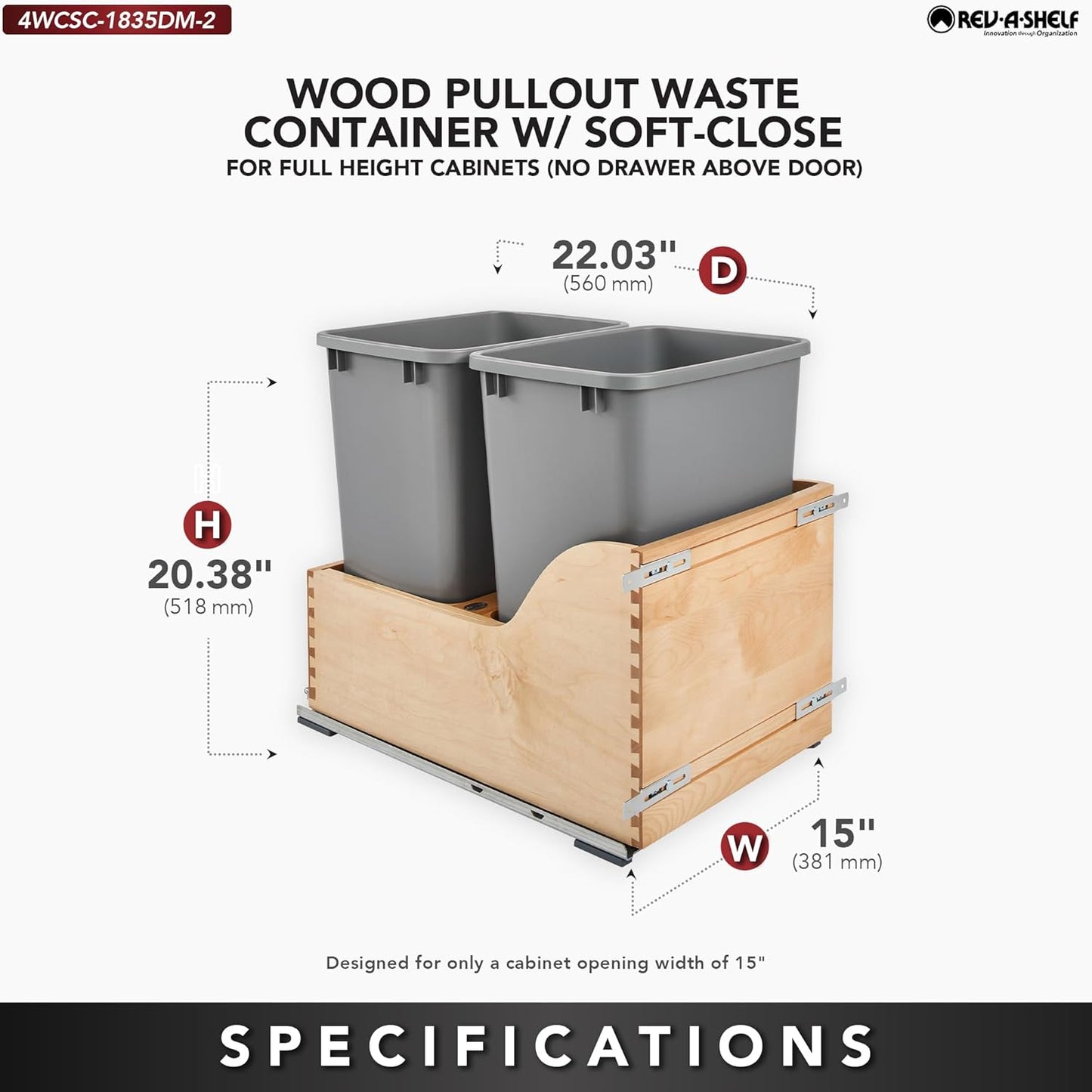 Rev-A-Shelf Pullout Trash Cans for Kitchen Cabinet, Dual 35 Qt Bins with 15" Wood Frame - Large Garbage Bin Containers for Home Waste Storage and Recycling