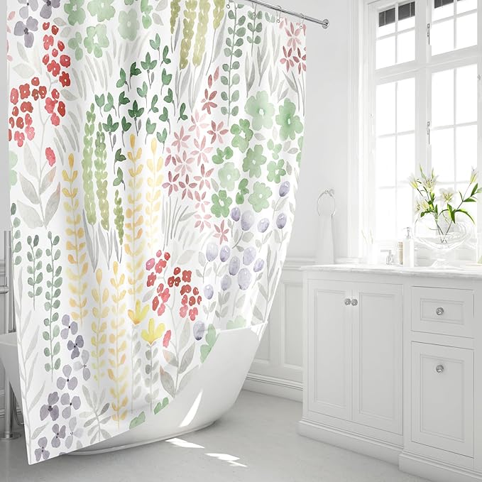Long Shower Curtain 72 x 78 Inch, Tall Cute Floral Shower Curtain for Bathroom, Sage Green Wildflower Boho Cottagecore Fabric Shower Curtain Set with Hooks