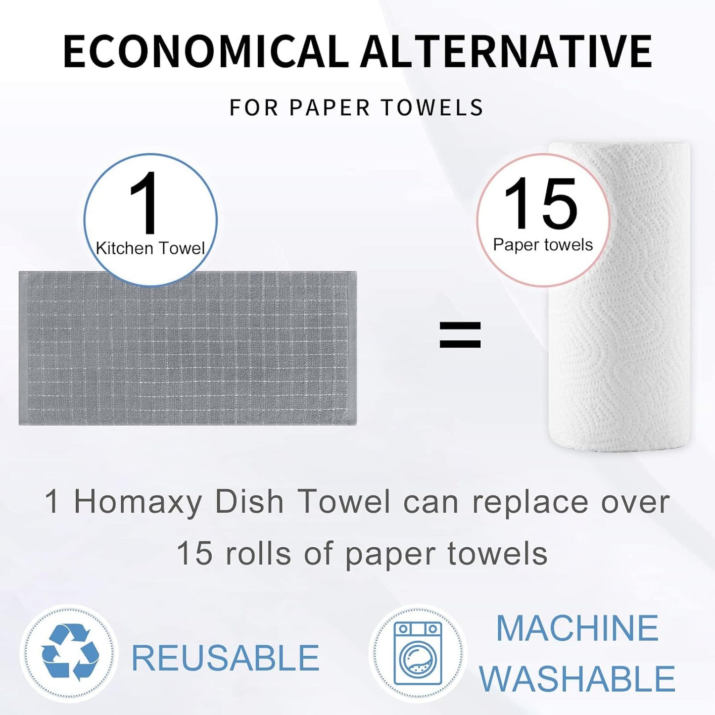 Homaxy 100% Cotton Terry Kitchen Towels(Grey, 13 x 28 inches), Checkered Designed, Soft and Super Absorbent Dish Towels, 8 Pack