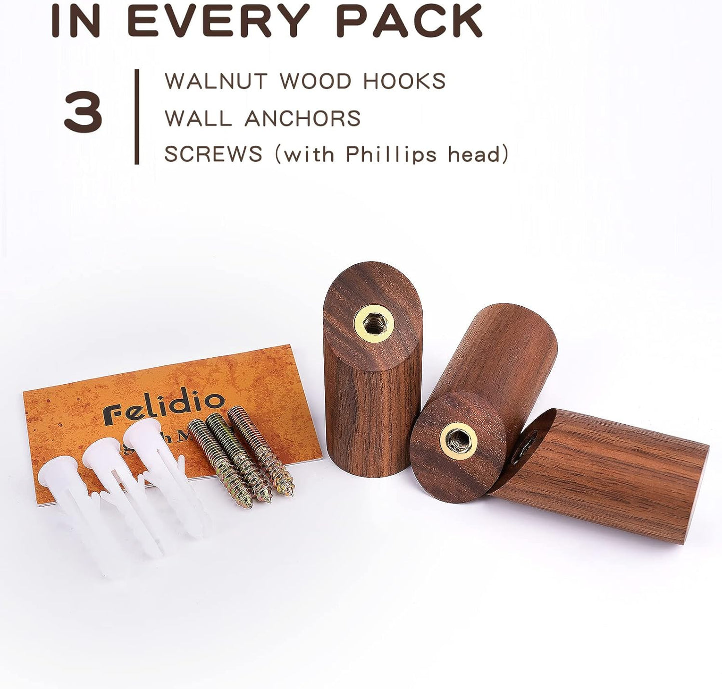 Wood Hooks, 3 Pack Wall Hooks Heavy Duty Rustic Coat Hooks Wall Mounted, Decorative Hooks for Hanging Coats Hats Towels Robes Hat Rack for Wall (Walnut Wood)