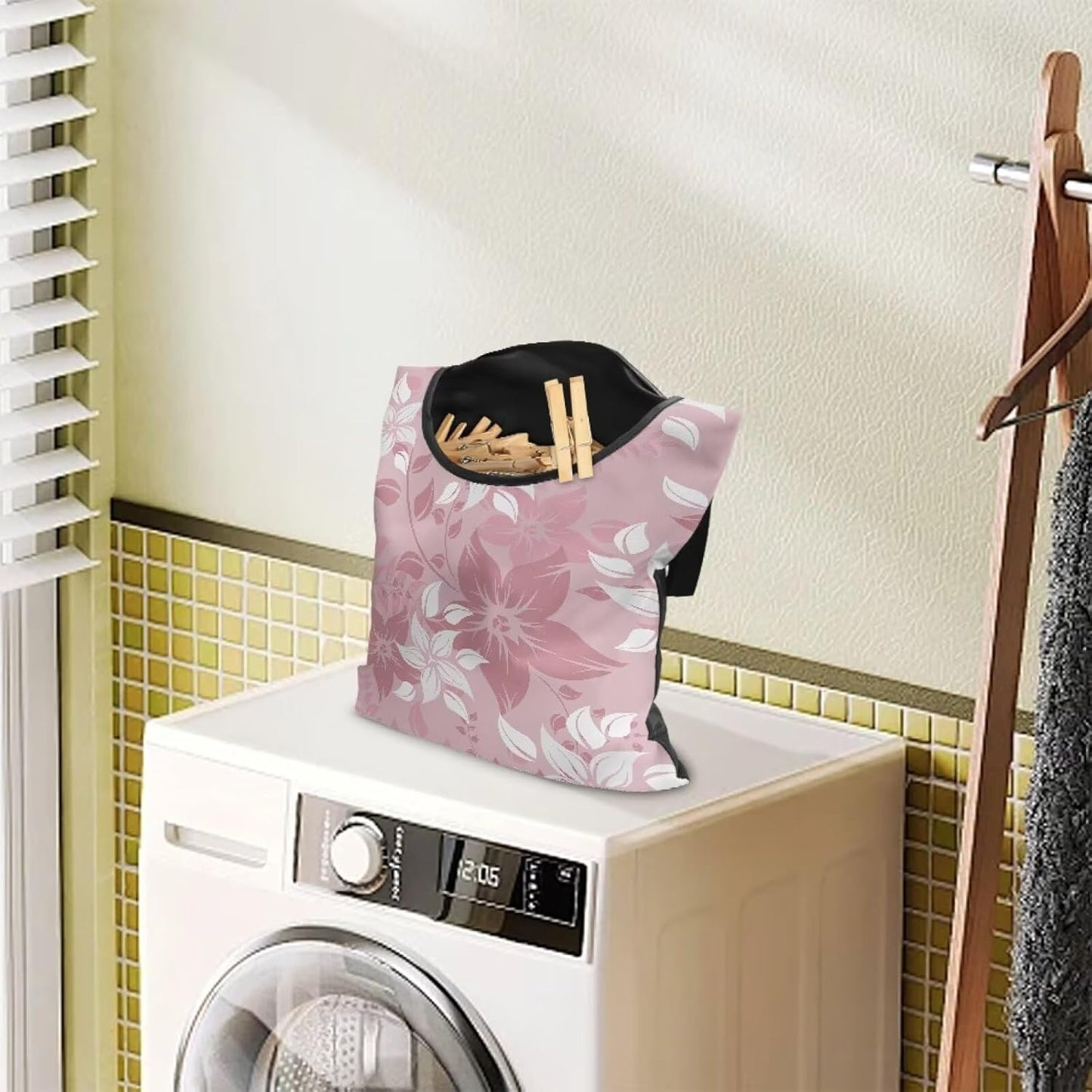 Reinforced Outdoor Clothespin Storage - Minimalist Pink Flower Print Windproof Hanging Bag with Large Opening - Weather Resistant Design for Year-Round Clothesline Use 14.5x12in