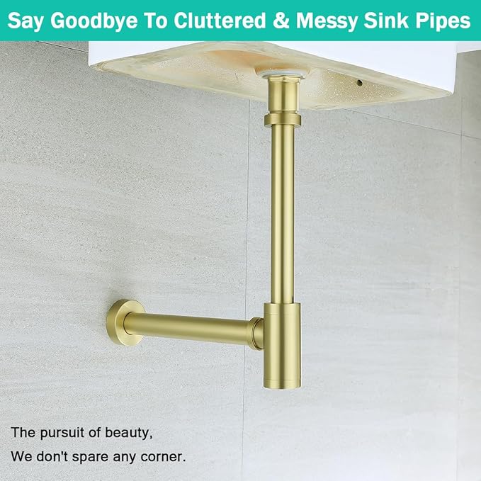 Brass Round Bottle P-Trap with Pop Up Drain Stopper,1 1/4 Adjustable Basin Sink Waste Drain Trap Kit Without Overflow,Brushed Gold P Trap