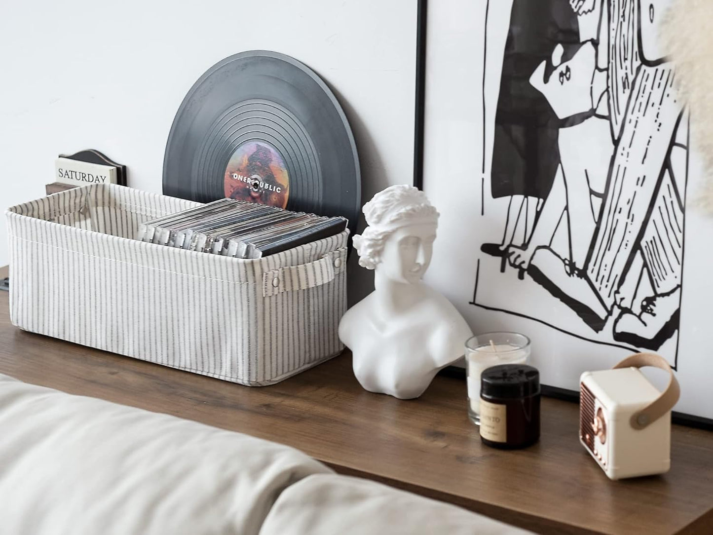 StorageWorks Narrow Storage Bins, Small Basket for Closet and Shelves, Fabric Organizer with Handles, Toilet Paper Storage, Khaki and Beige Stripes, 2-Pack