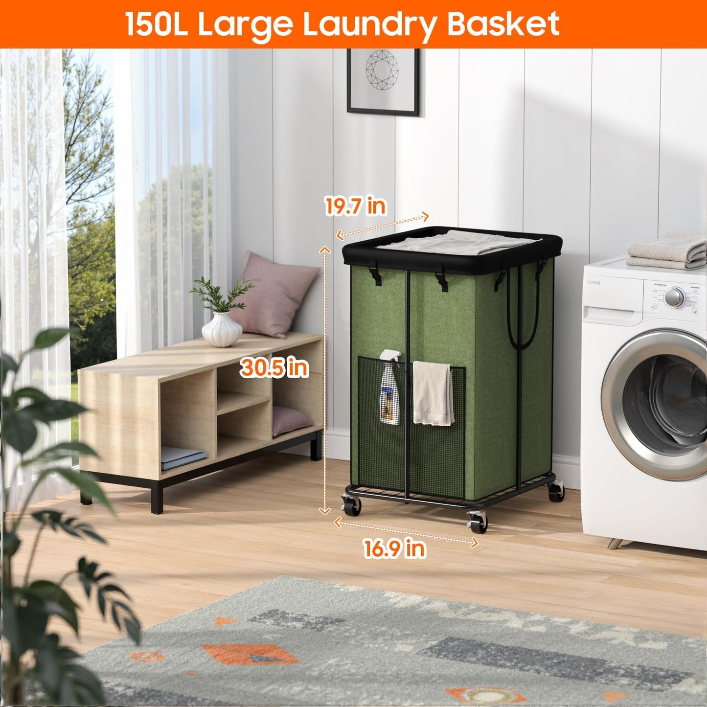 150L Laundry Hamper with Wheels, Rolling Laundry Basket with Metal Frame and Removable Bag, Large & Tall Dirty Clothes Hampers for Bedroom Aesthetic, Laundry Room, Bathroom, Dorm-Green