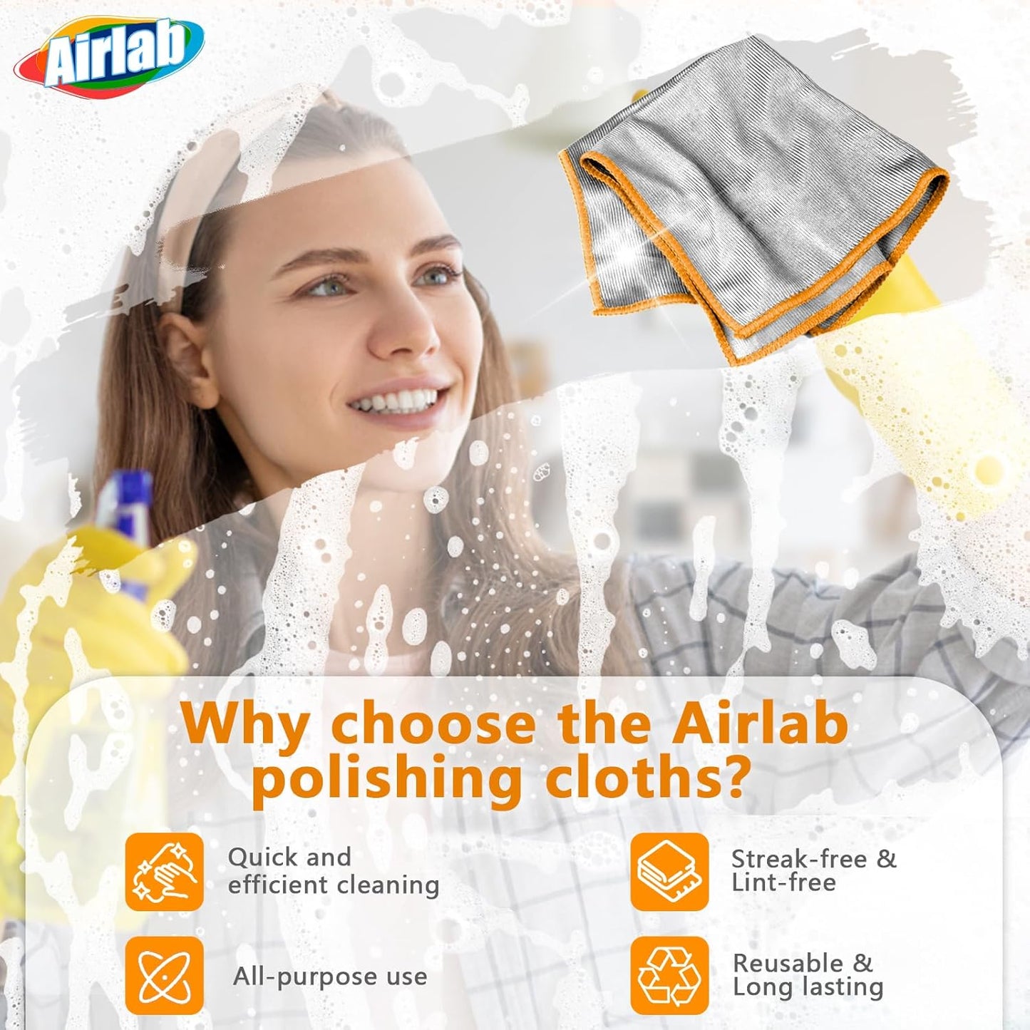 Glass Polishing Cloth Streak Free Miracle Microfiber Cleaning Cloth Lint Free Cleaning Rags for Glasses Kitchen Dish Mirrors Easy Clean, Pack of 6, 12" x 12", Sliver-Orange