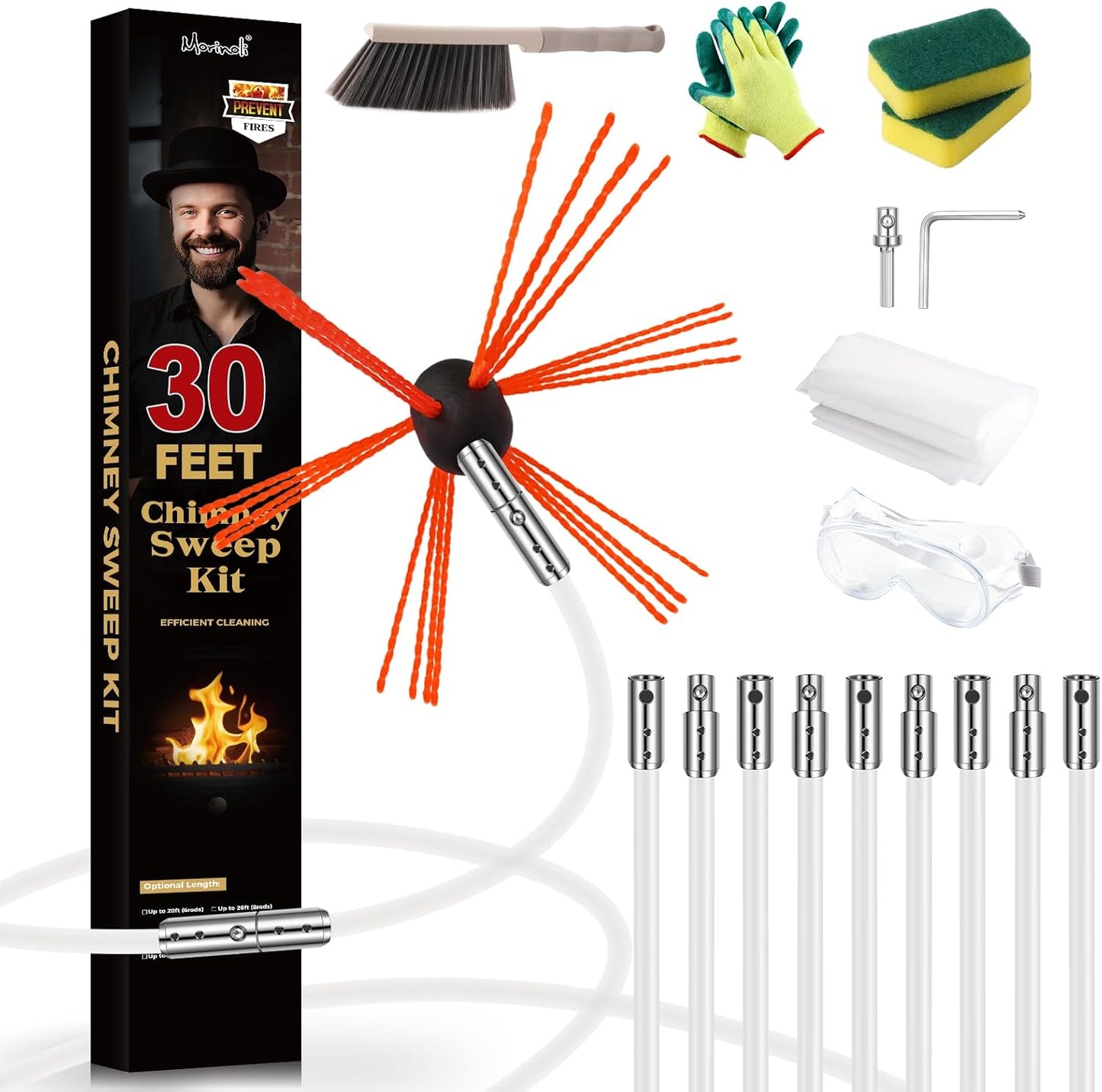 30 Feet Chimney Sweep Kit, Chrome Button Locking System, Chimney Cleaning Kit, Chimney Brush, Chimney Cleaning Tool, Chimney Cleaning System with 9 Flexible Chimney Rods