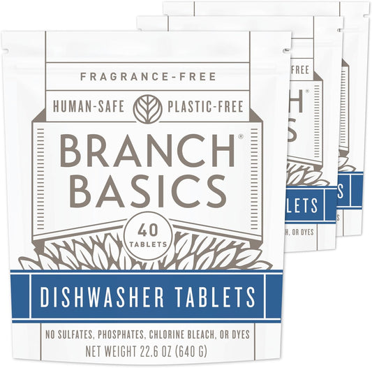 Branch Basics Dishwasher Tablets – 40 Ct, 3 Pack | Plastic-Free, Fragrance-Free, Human-Safe | Delivers a Powerful Clean Without Harsh Chemicals