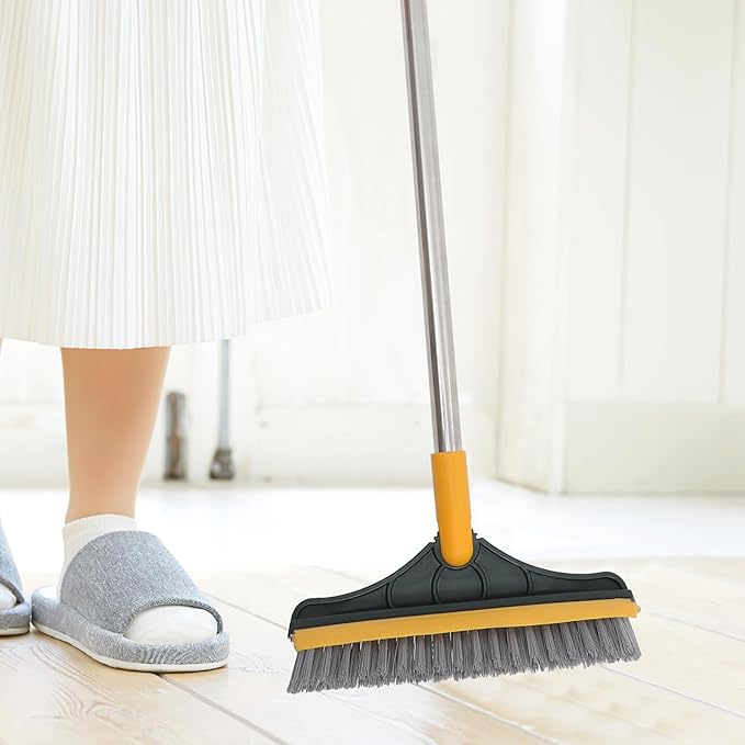 Upgraded Dual-Sided Bathroom Floor Scrub Brush with Long Handle, Tile and Grout Cleaning Brush for Shower and Corner Floors, Yellow-Green Non-Scratch Scrubber for Hard-to-Reach