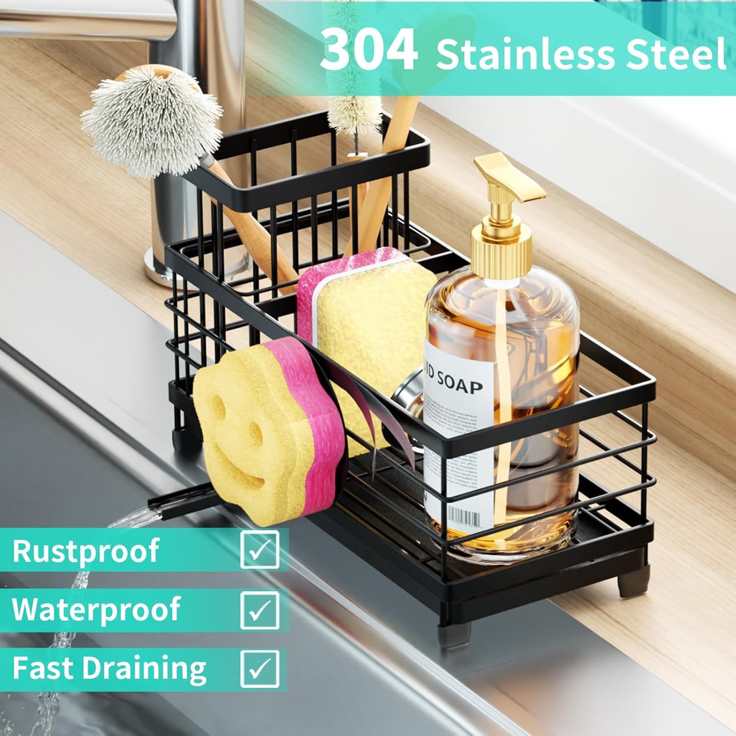 HapiRm Sponge Holder for Kitchen Sink - Self-draining Sink Caddy with Smiley Face and Brush Holder, Stainless Steel Kitchen Organizer for Countertop - Black