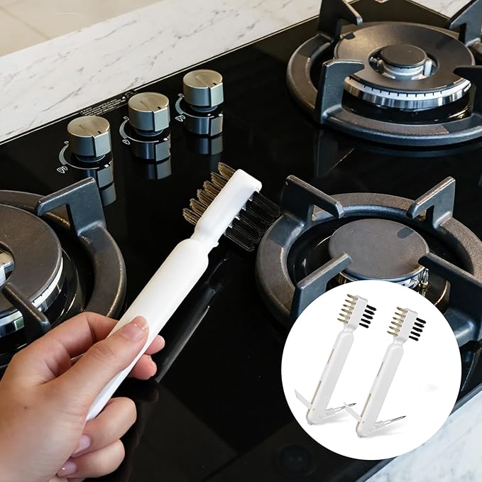 2 PCS Stove Brush, Kitchen Cleaning Scrub Brush, 4-in-1 Gas Stove Brass Wire Brushes with Stiff Bristles Cooktop Scraper Scrubber for Range Hood Grease Grime Rust Cleaner Pot Pan Household Tool