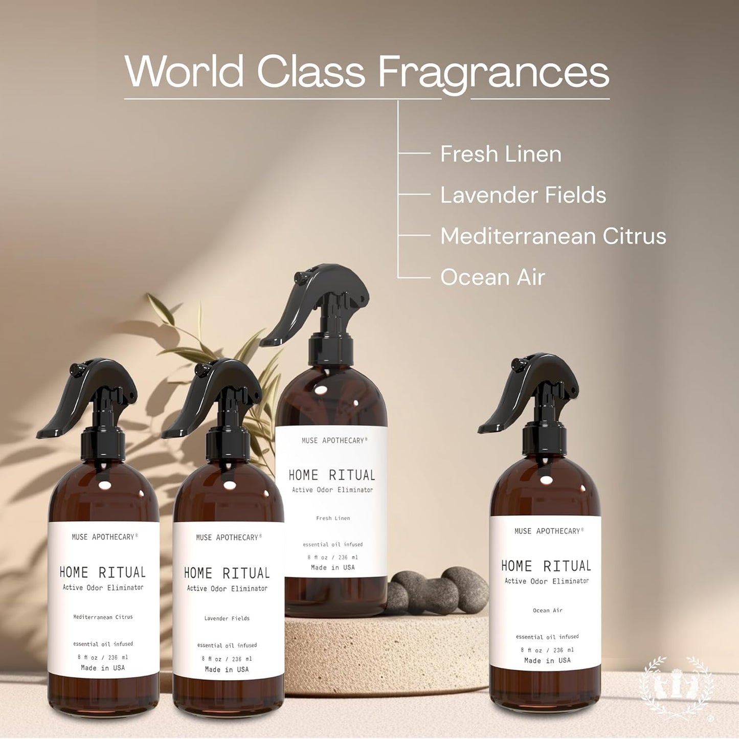 Muse Apothecary Home Ritual Active Odor Eliminator Spray - Furniture Deodorizer Spray & Bathroom Odor Eliminator for Home - Essential Oil Air Freshener - 4oz, Mediterranean Citrus