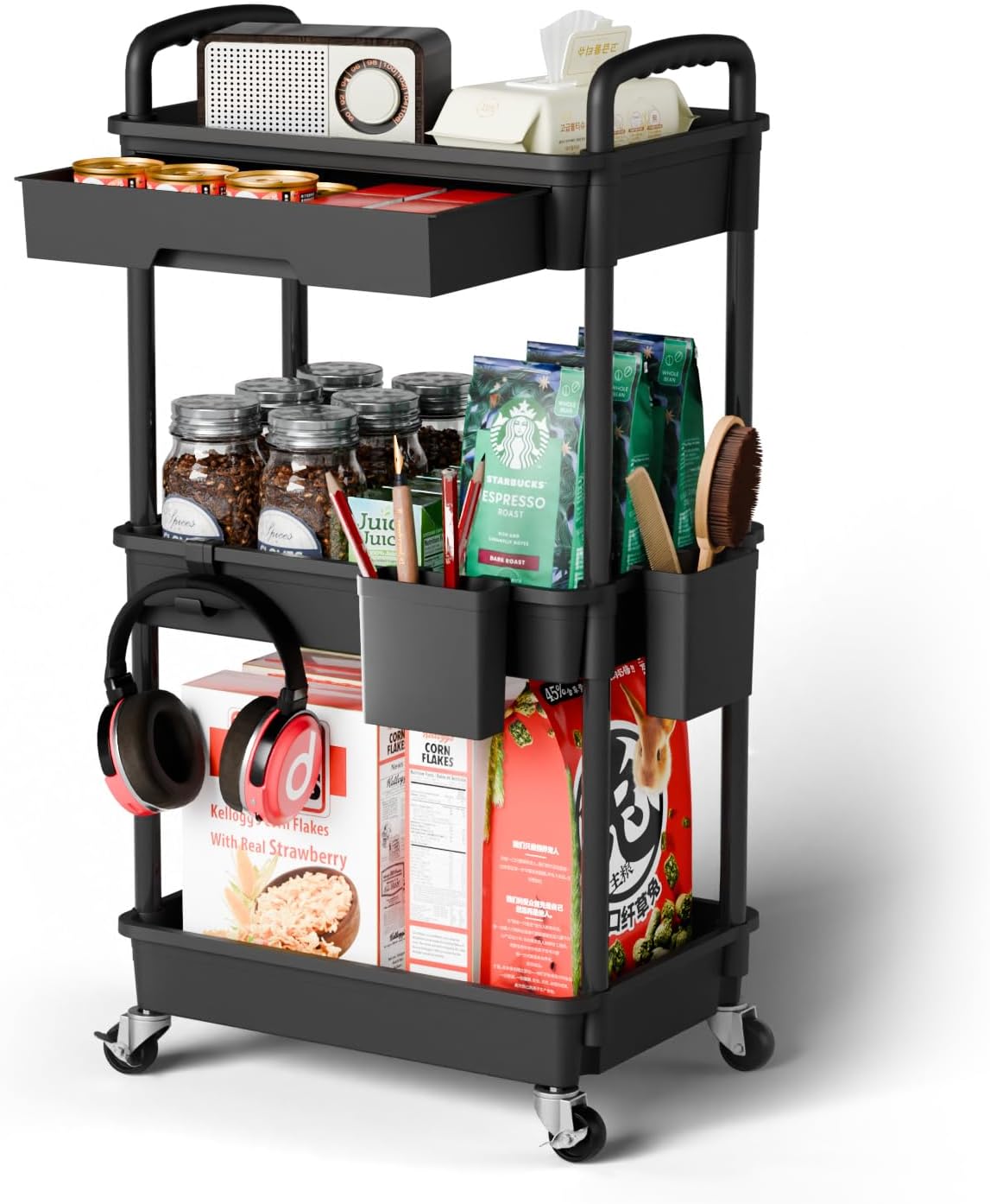 3 Tier Rolling Cart Organizer,Laundry Room Bathroom Organizers and Storage Office Shelves Mobile Shelving Unit Kitchen Trolley Cart with Wheels for Art,Craft,Diaper,Bedside,Snack(Black)