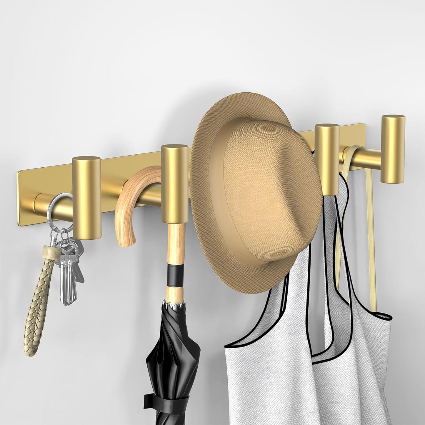 VAEHOLD Hat and Coat Wall Mount Rack - Hooks for Robes, Bags, Keys, and Towels - Bathroom Towel Hanger Organizer (Gold, “T“ Shape 5 Hooks 1 Pack)
