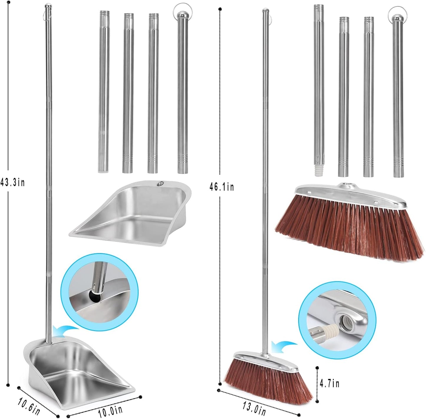 Broom and Dustpan Set for Home, 56" Kitchen Broom with Dustpan Combo Set, Heavy Duty Dustpans with Long Handle, Upright Metal Dust Pan Brooms for Sweeping Indoor Outdoor Home Office Lobby Floor