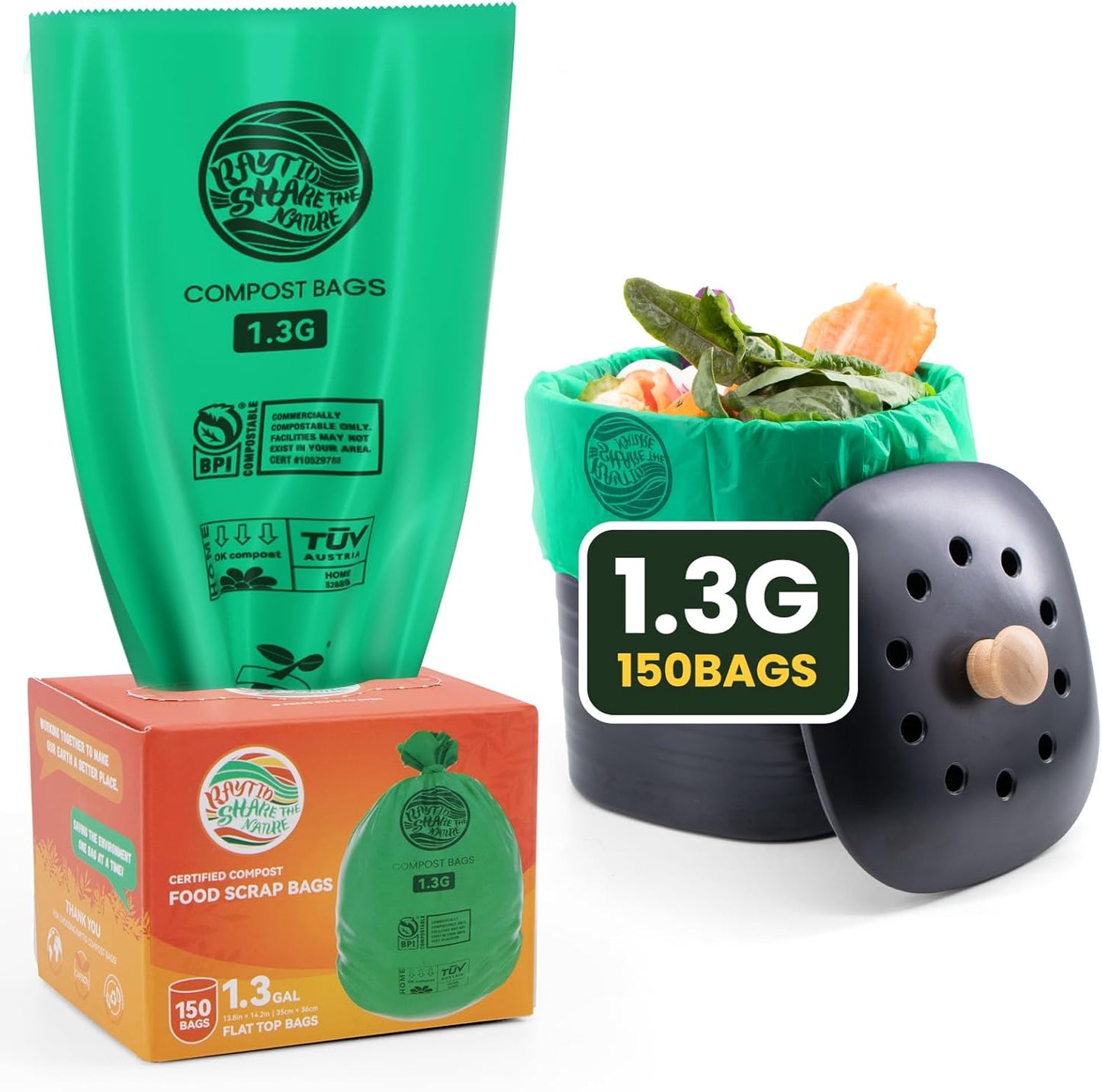 Compost Bags 1.3 Gallon,150 Count,Compostable Small Trash Bags for Kitchen Countertop Compost Bin 0.75, 1,1.2, 1.3Gallon,ASTM D6400, US BPI and Europe OK compost HOME certified