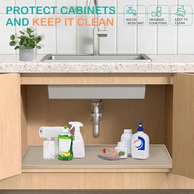 Waterproof Under Sink Mat 34" x 19", Silicone Cabinet Liner, Rubber Protector for Kitchen and Bathroom, Keeps Cabinets Clean, Dry, and Organized (Mint Green)