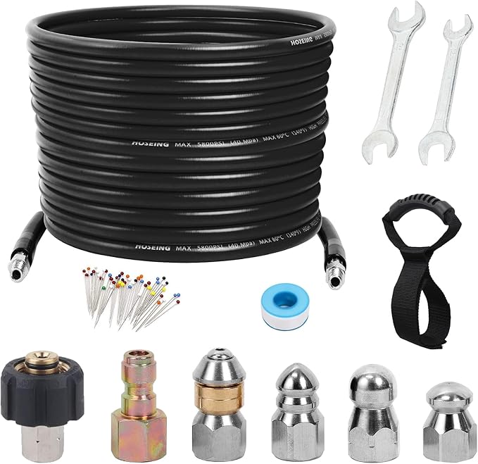 50FT Sewer Jetter Kit for Pressure Washer, 5800 PSI Water Jet Drain Cleaner Hose With Corner Rotating Button Nose Nozzle, 1/4 Inch NPT, Spanner Handle and Strap