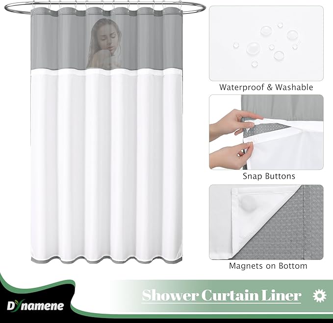 Dynamene Extra Long Shower Curtain, 84 Inch Long Waffle Fabric Shower Curtain for Bathroom, Tall Waterproof Cloth Shower Curtain Liner Set with Hook, Snap in Liner, Mesh Top Window, Dark Grey, 72x84