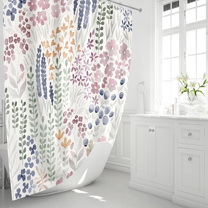 Extra Long Shower Curtain 72 x 84 Inch, Tall Cute Floral Shower Curtain for Bathroom, Mauve Wildflower Boho Cottagecore Fabric Shower Curtain Set with Hooks
