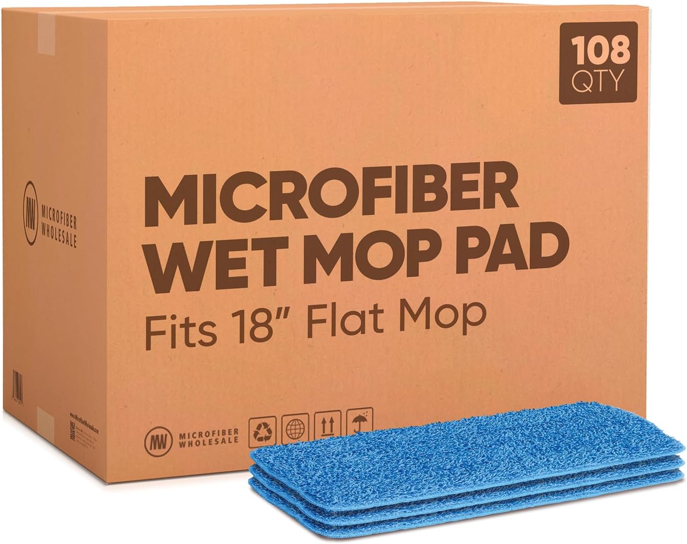 Bulk 18" Microfiber Wet Mop Pads Wholesale - Case Quantity (108 Count) | Use with Any Fastener Style Mop Frame | Machine Washable