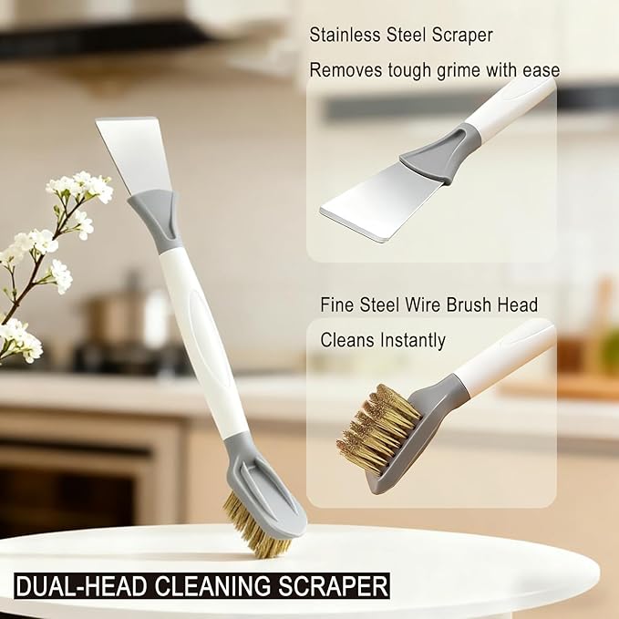 2-Piece Set Handheld Dish Brush with Brass Scrubber and Steel Scraper for Stubborn Grease - Dual-Head Cleaner for Pots, Pans, Stovetop, Sink